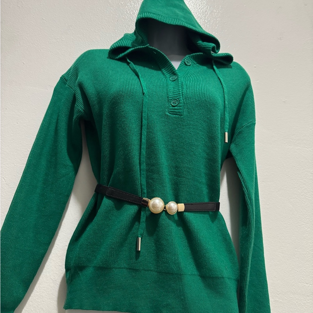 Green Hooded Sweater with Belt